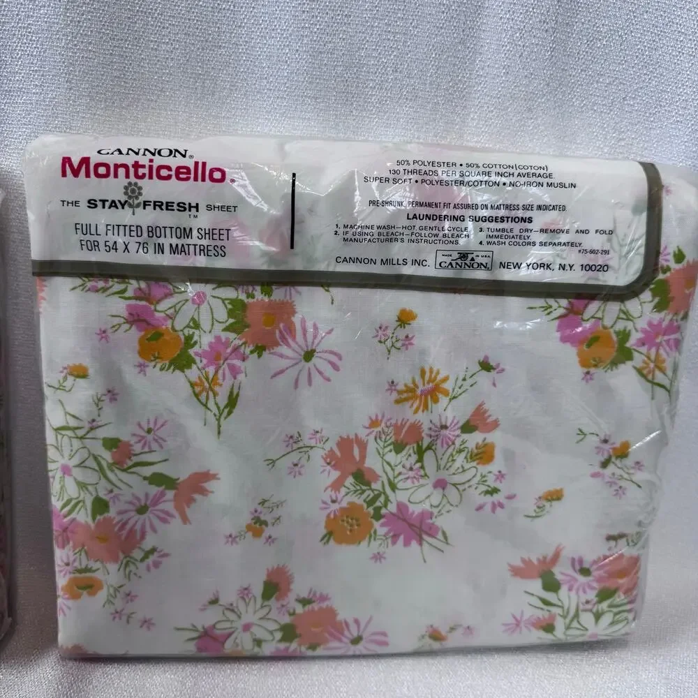 Vintage Cannon Monticello Floral Full Size Sheets Flat And Fitted Sheet 54 X 76